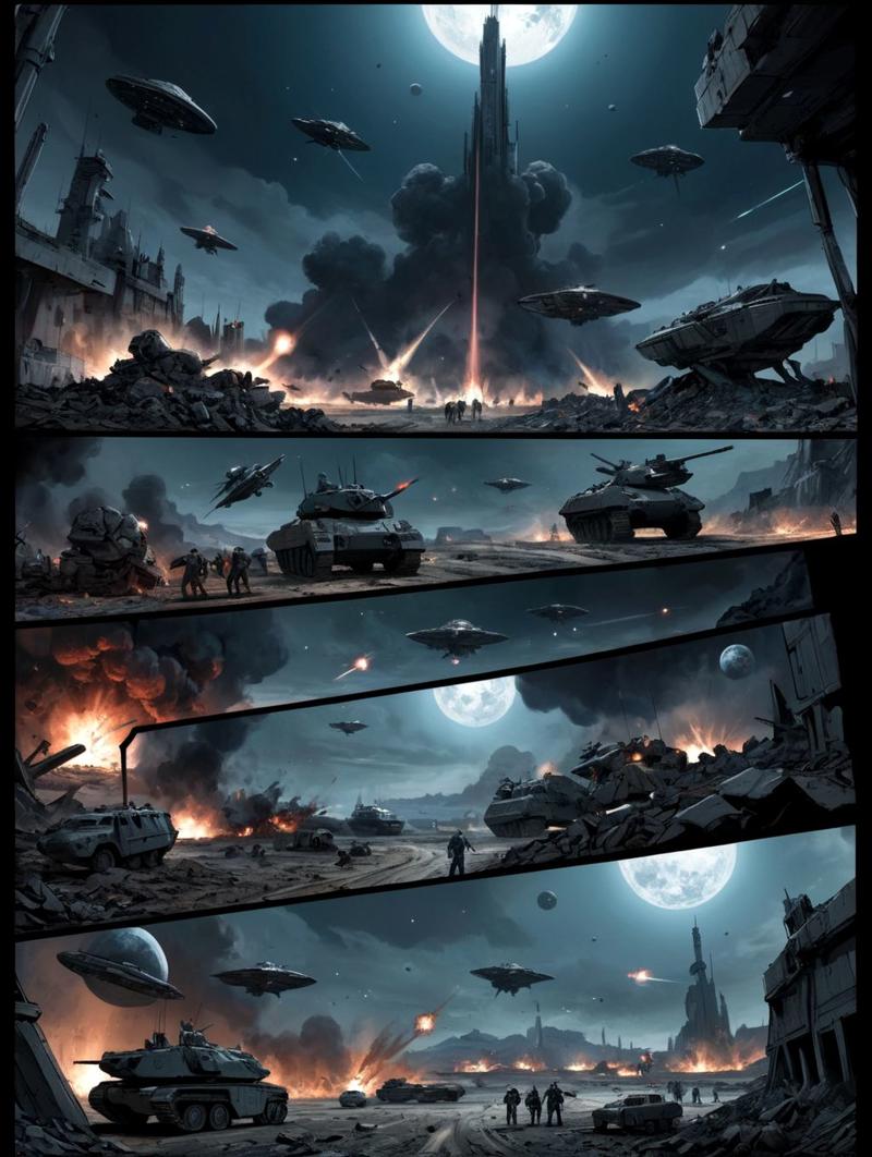 25241-3643356509-ww3, war from dark future, collateral damages, spacecratf, comic panel layout, multiple views.jpg